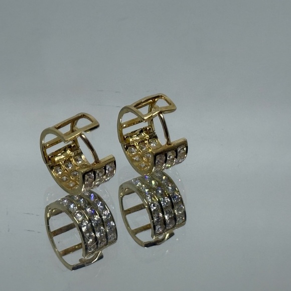 10k Yellow Gold hoops Earrings with Zircon Embellishments - Picture 3 of 5
